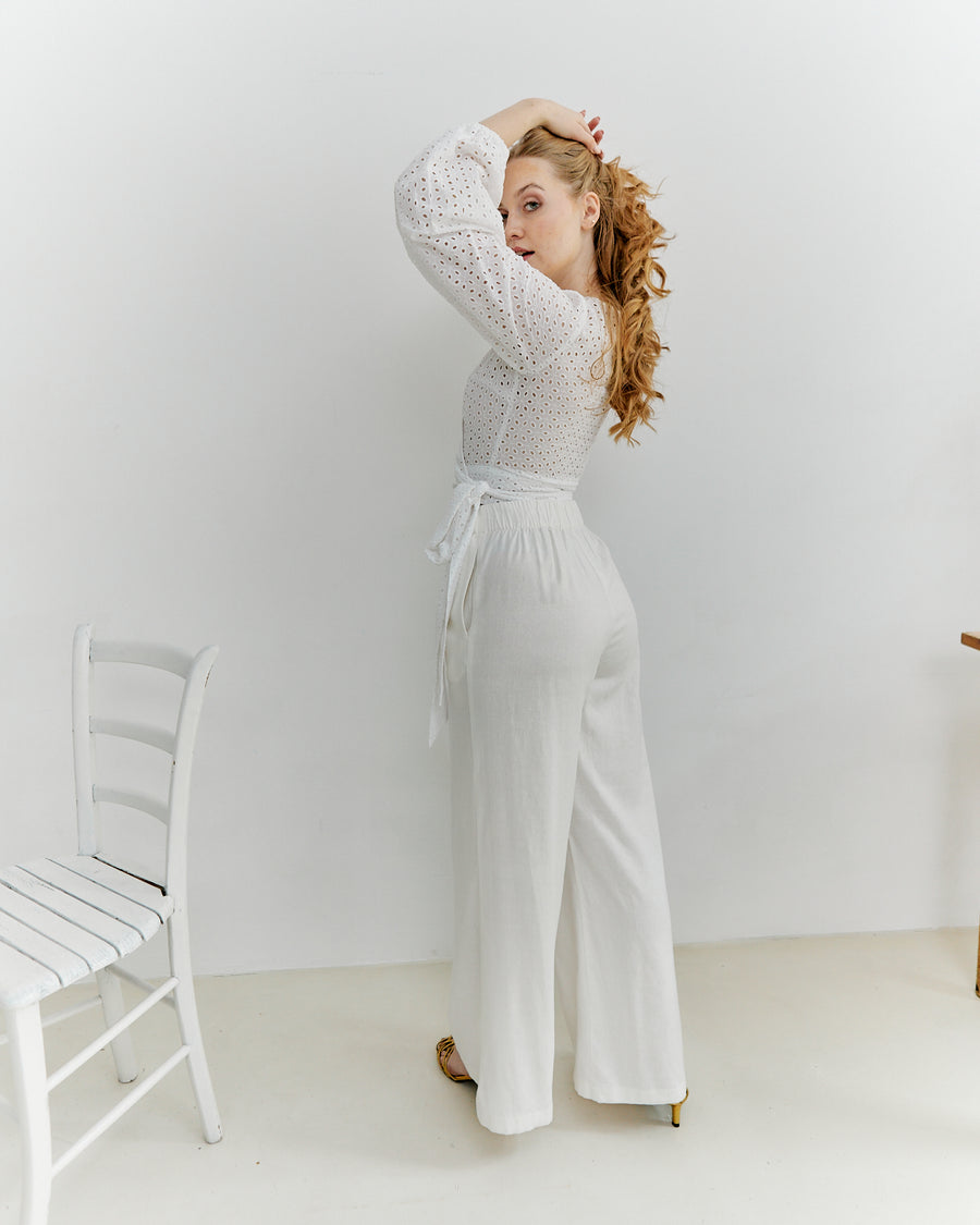 Meij-Karizza Pants (white), straight cut, side pockets, elastic waist
