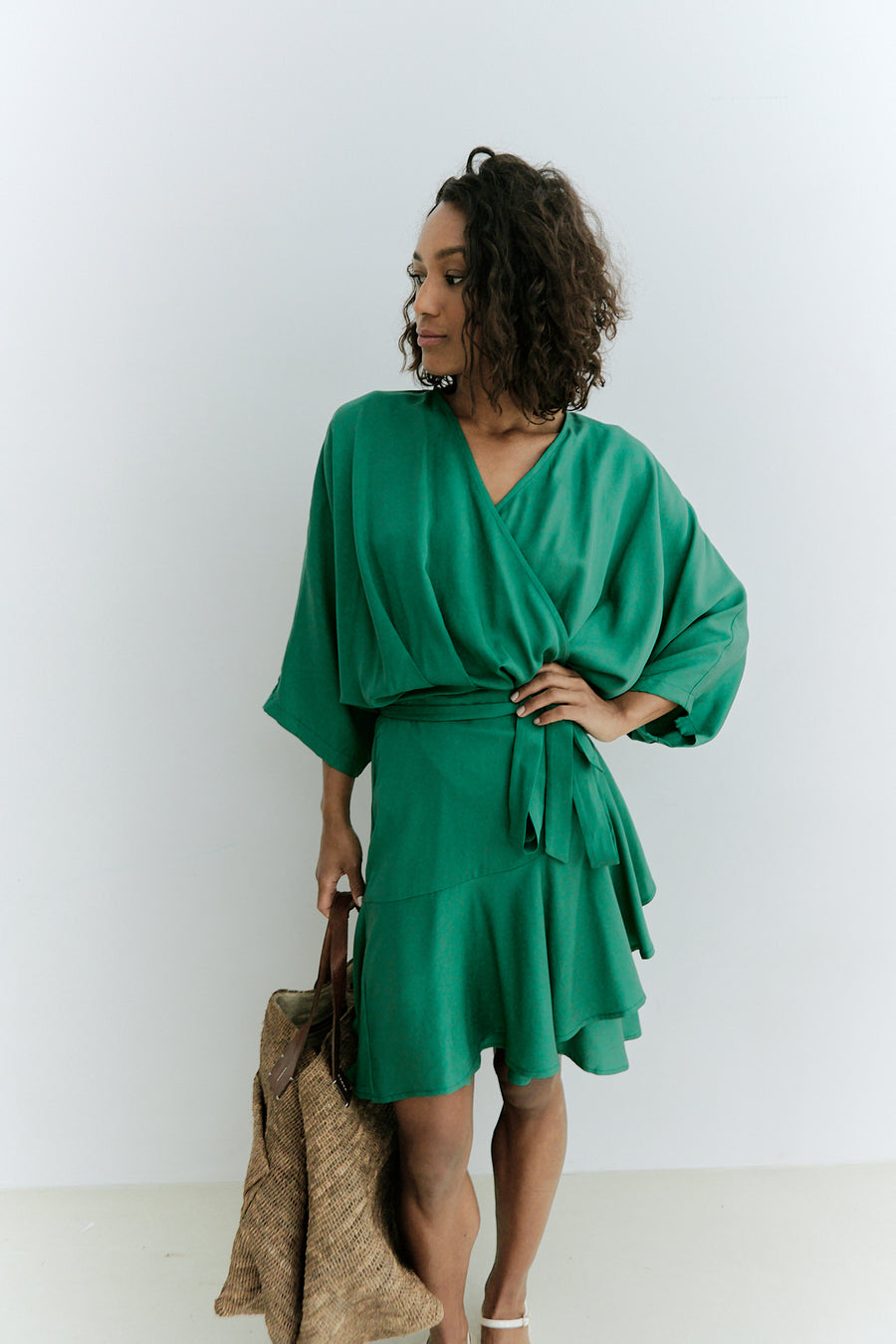 Meij-Dolly Dress (green), wrap dress, ruffle details, kimono sleeves