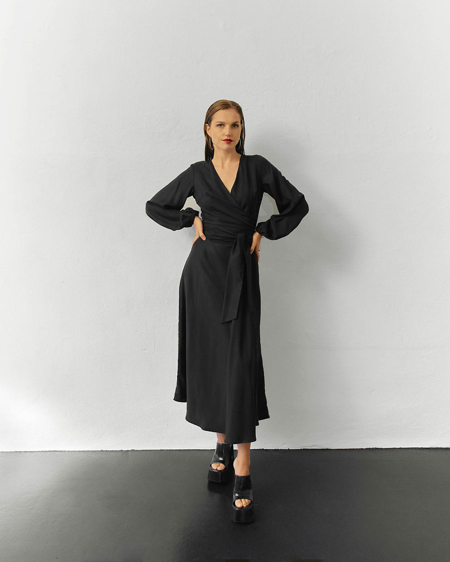 Meij-Katja Wrap Blouse (black), wrap details, puffy sleeves