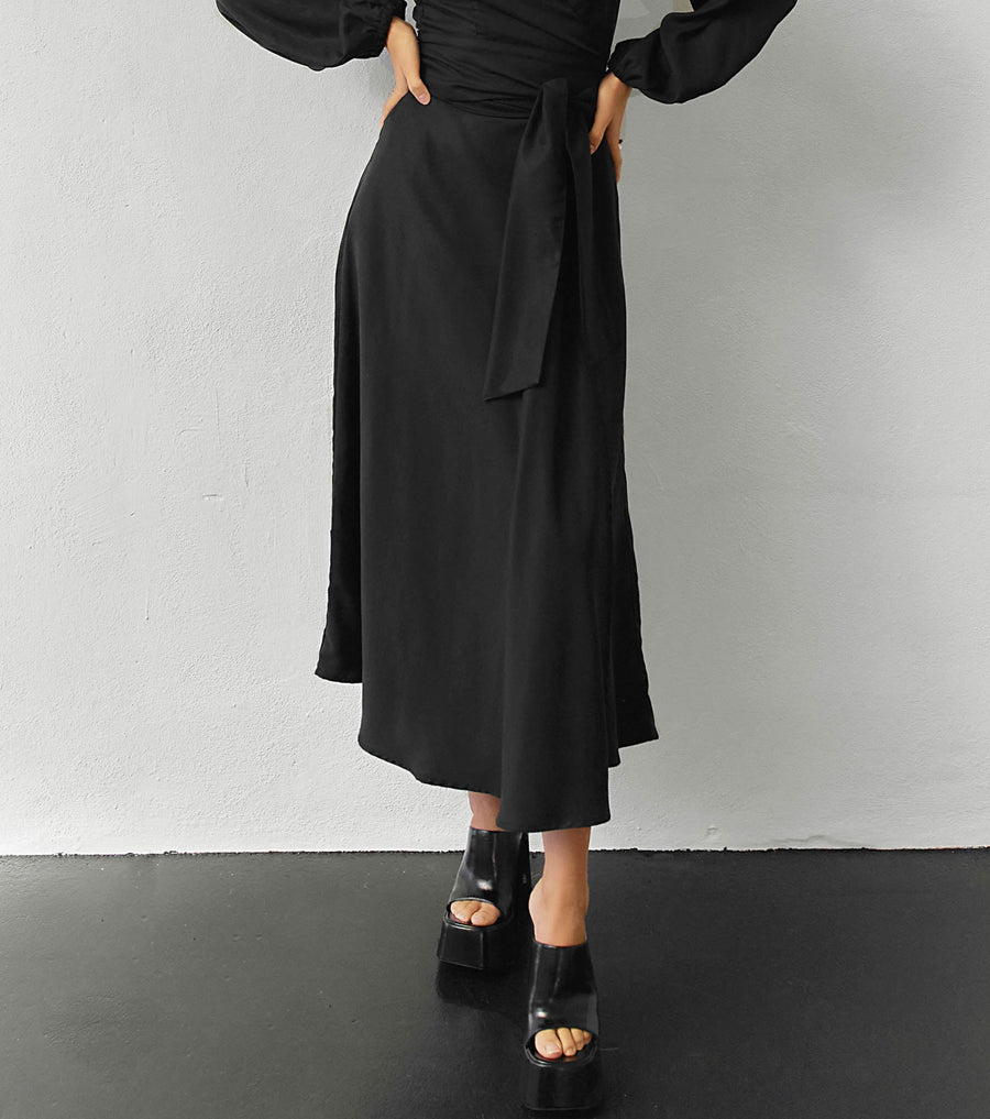 black skirt, black long skirt, black wrap skirt, black long wrap skirt, Meij-Nina Wrap Skirt (black)