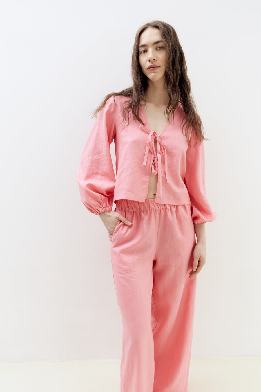 Mar Blouse Puffy Sleeves Coral Linen