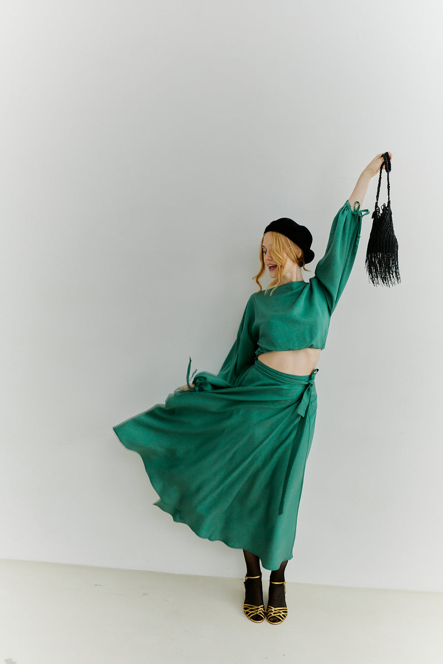 Meij-Nina Wrap Skirt (green), midi length wrap dress, emerald green skirt