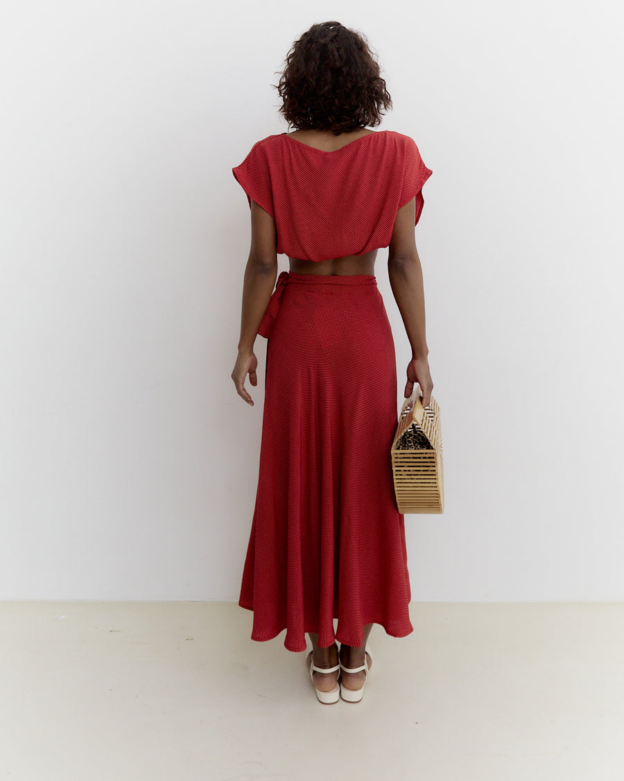 Meij-Nina Wrap Skirt (polka dots red), daily wrap skirt, midi wrap skirt, guest wedding skirt 