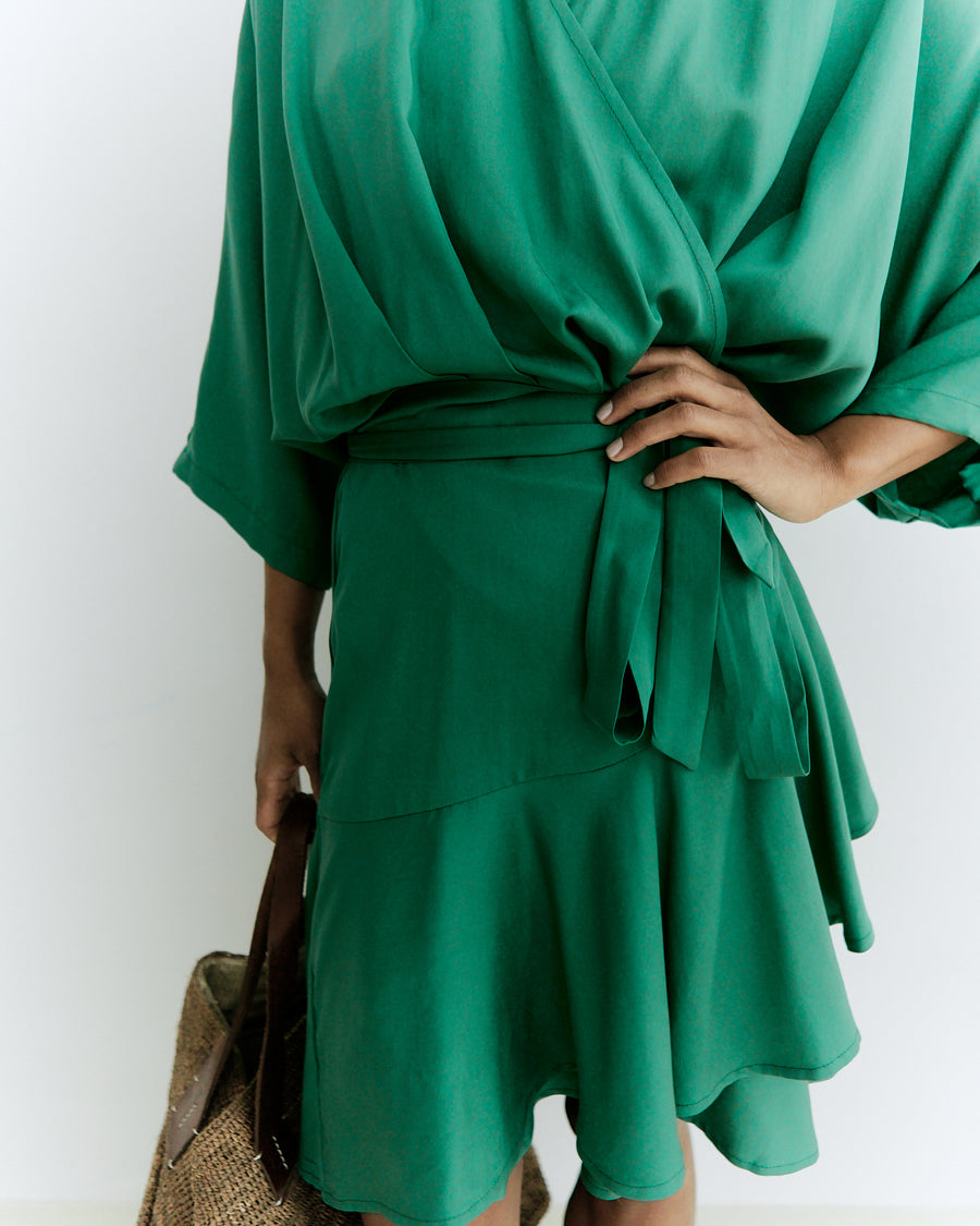 Meij-Dolly Dress (green), wrap dress, ruffle details, kimono sleeves