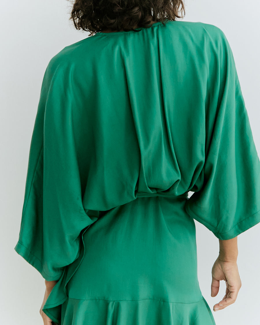 Meij-Dolly Dress (green), wrap dress, ruffle details
