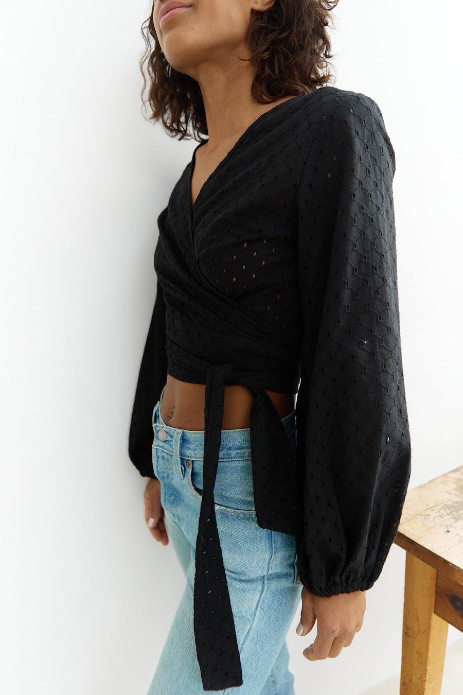 Meij-Katja Wrap Blouse (black embroidery), puffy sleeves, wrap details