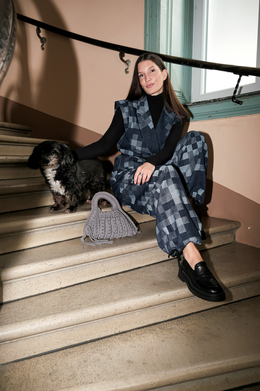 Karizza Straight Pants Denim Checked