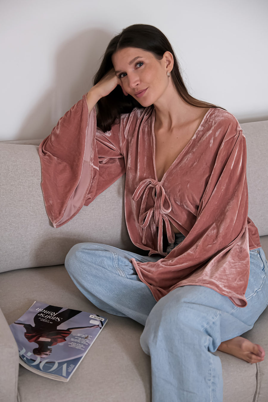 Mar Blouse Velvet in Dusty Pink