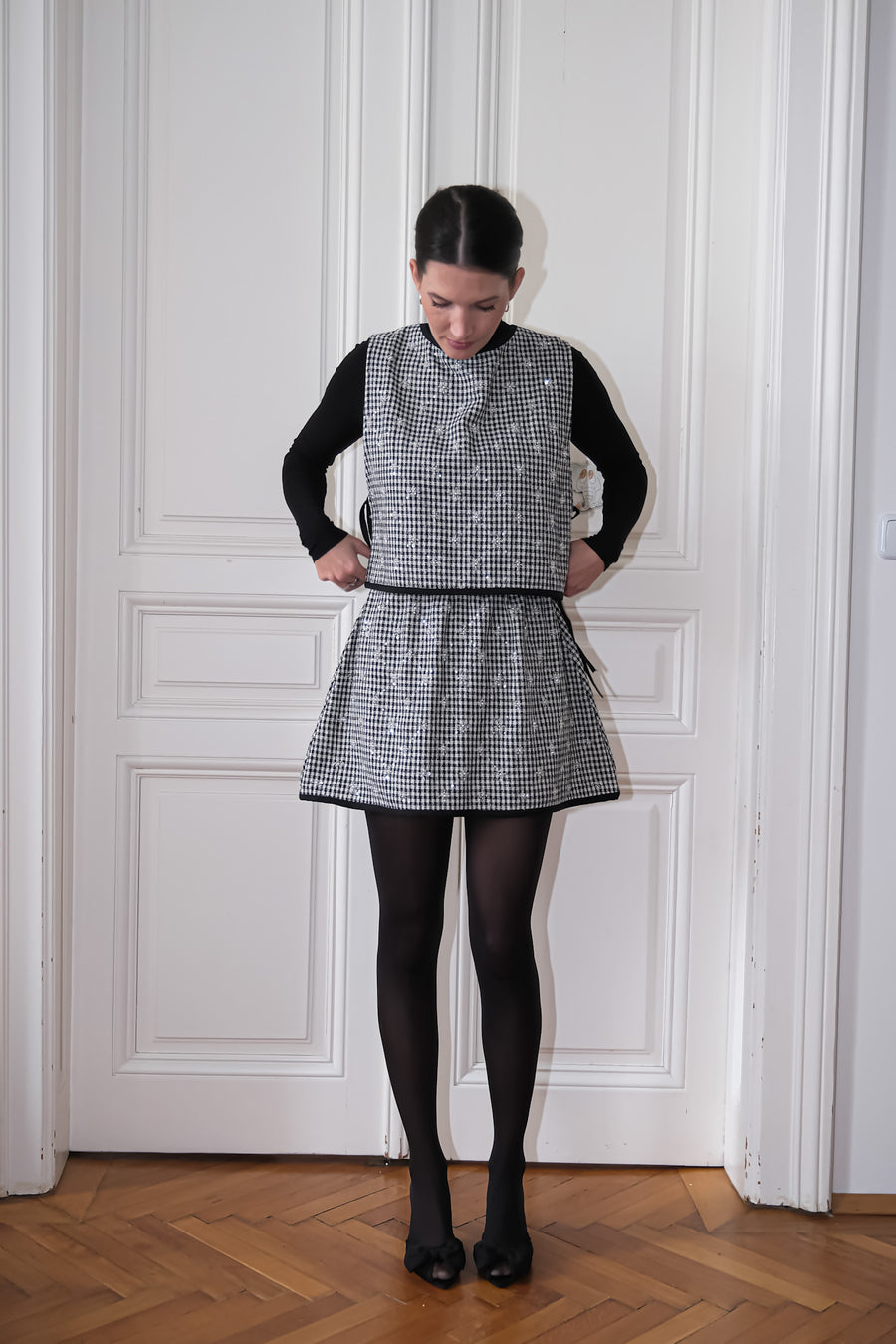 Clara Short A-line Skirt Black & White with Sparkles