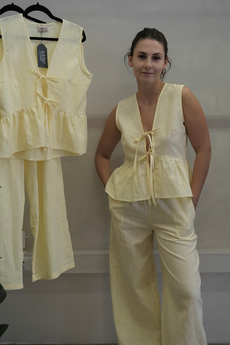 Set Odette Vest and Karizza Straight Pants Butter Yellow Linen