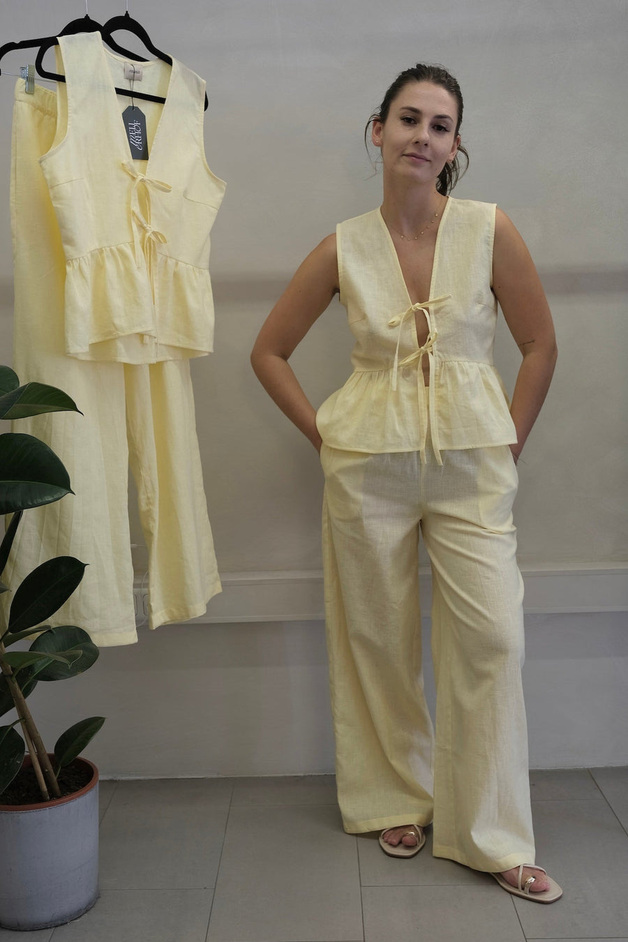Set Odette Vest and Karizza Straight Pants Butter Yellow Linen