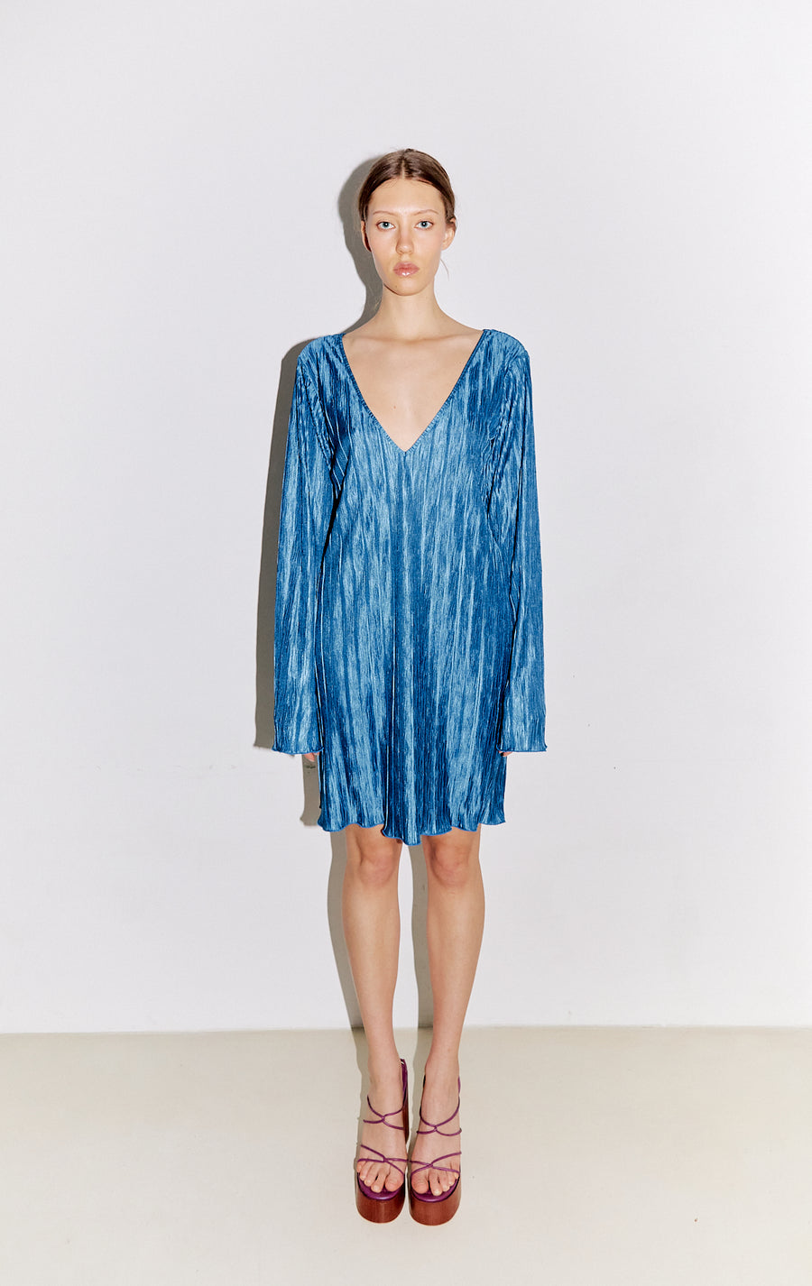 Ariana Long Sleeves Mini Dress Plissé Blue