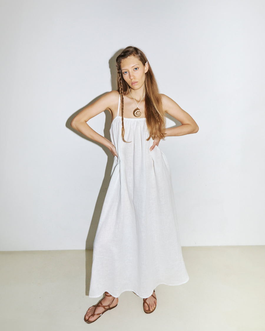 Dorothea Long Dress Spaghetti Sleeves White Linen