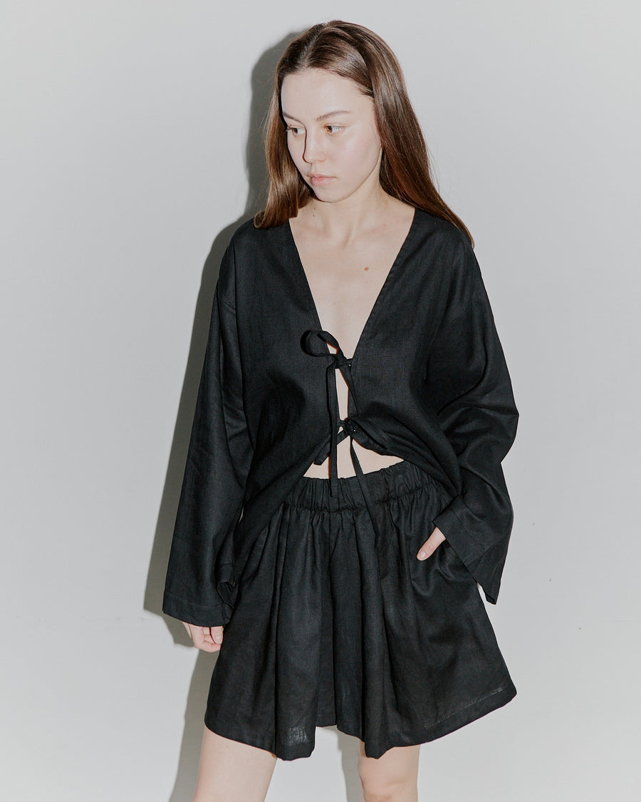 Rhea Kimono Blouse Straight Sleeves Black Linen