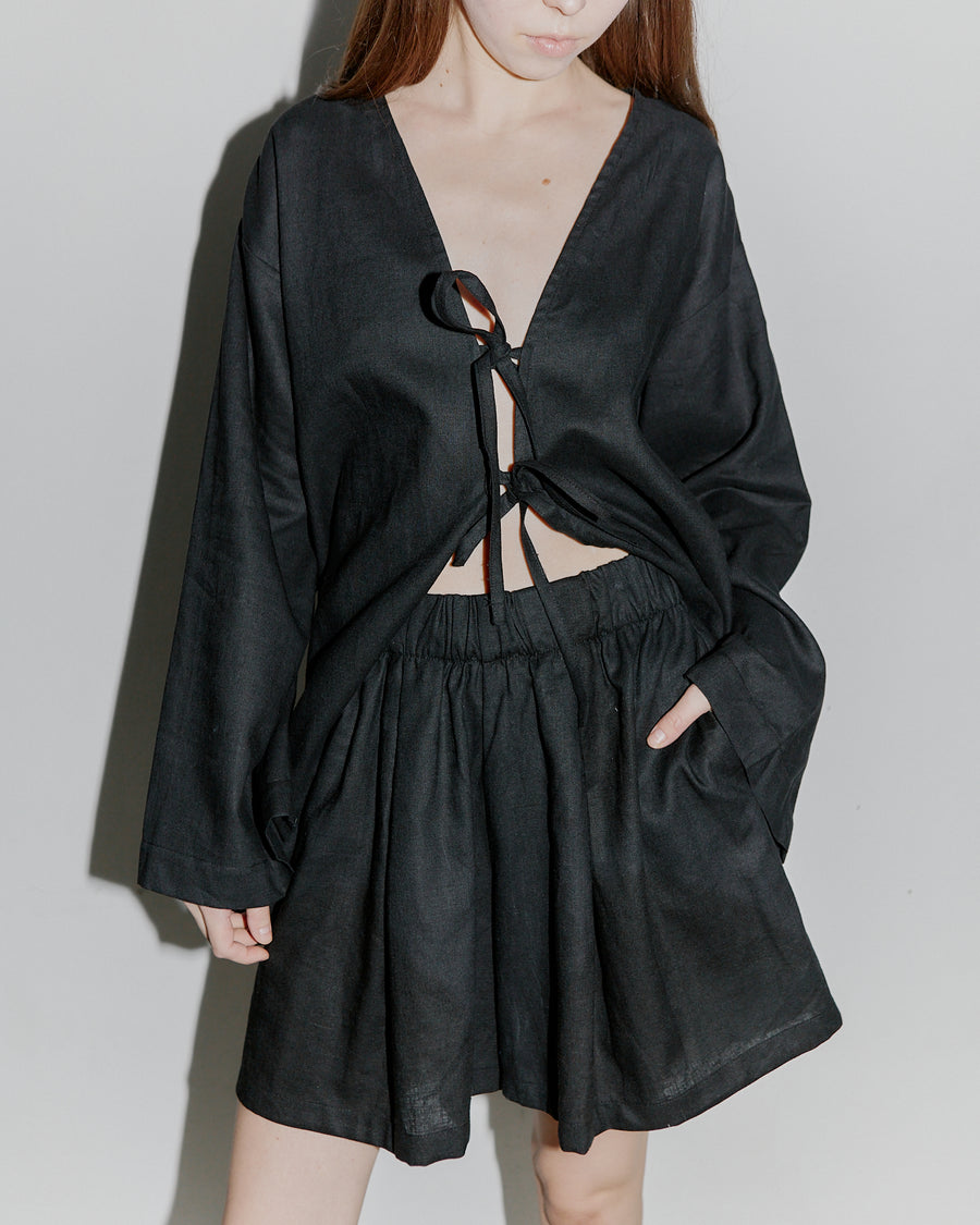 Rhea Kimono Blouse Straight Sleeves Black Linen