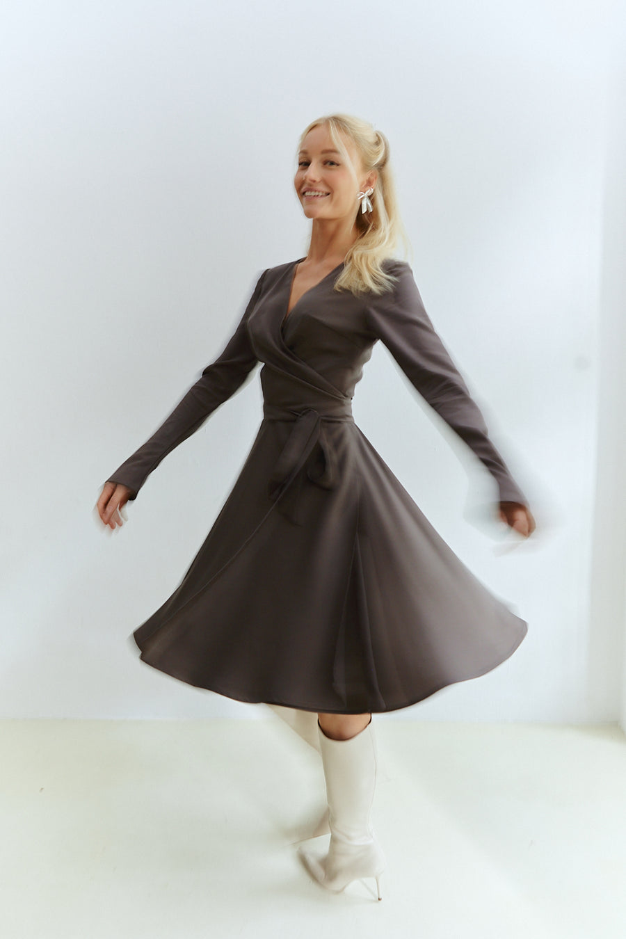 Cora Midi Wrap Dress Grey