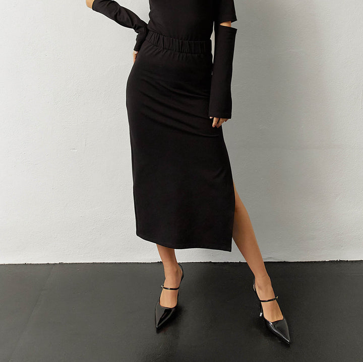 Straight skirt, skirt with a slit, midi length skirt, black midi skirt