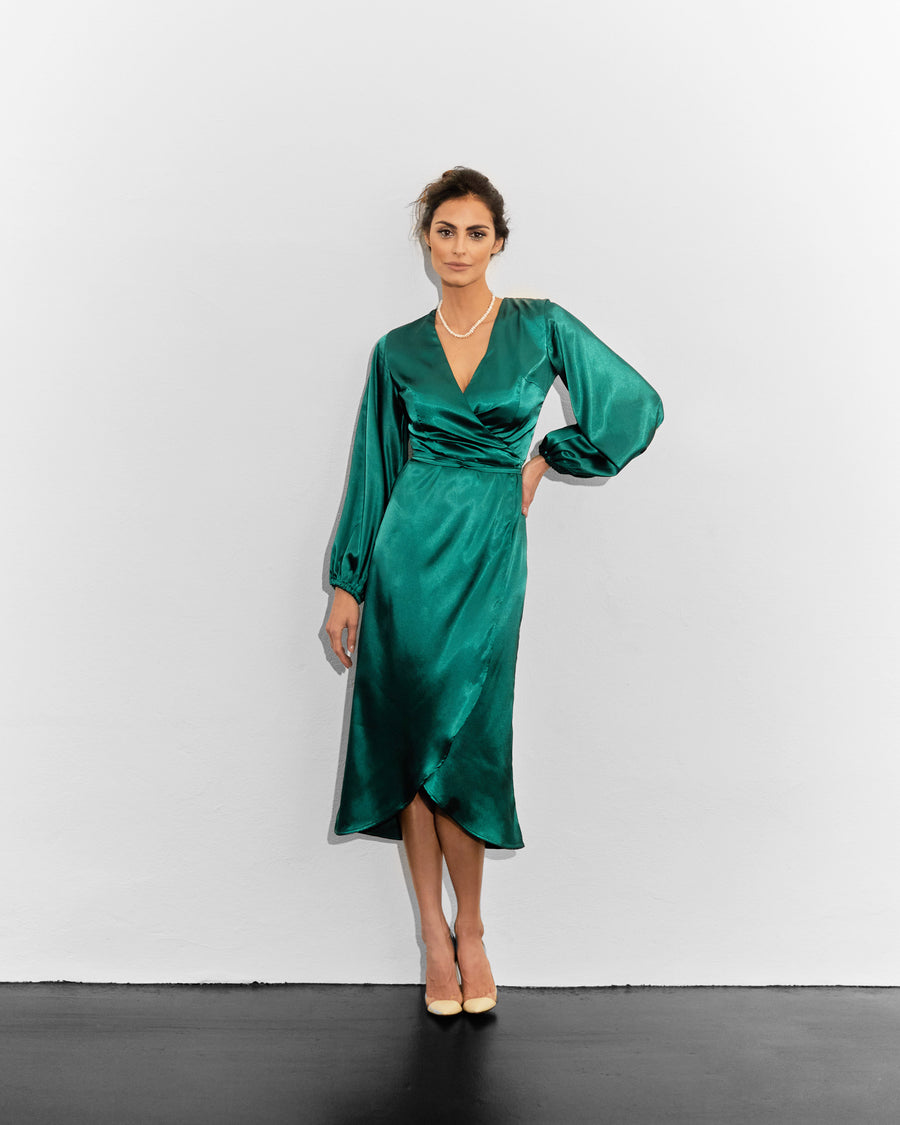 wrap satin dress, puff sleeves, emerald green dress