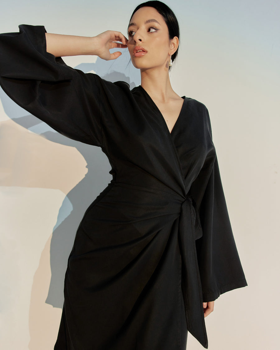 wrap dress, black wrap dress, kimono dress,kimono sleeves dress